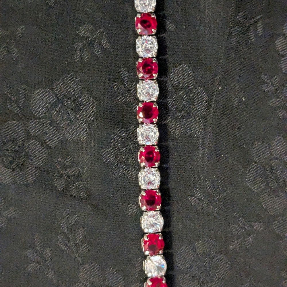 Elegant Red and White CZ Silver Tone Tennis Bracelet 7" - Picture 5 of 7